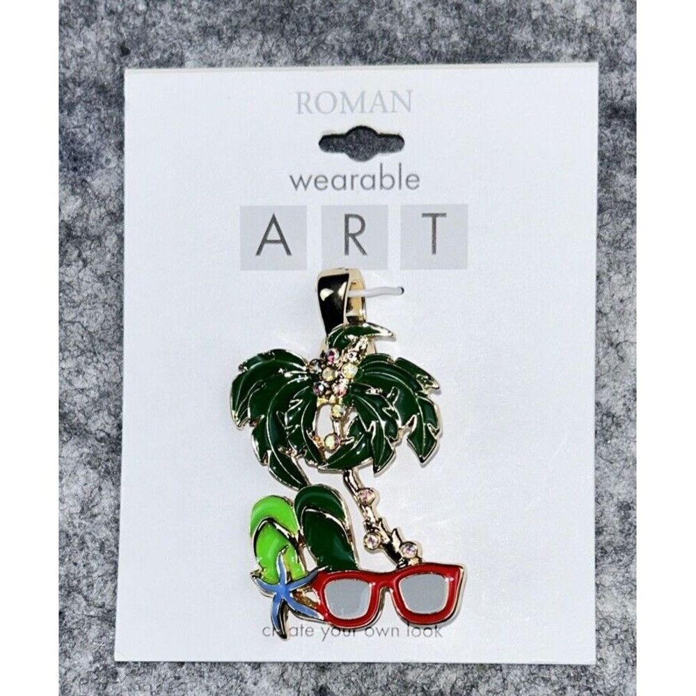 Wearable Art Pendant By Roman 2" Palm Tree Sandals Sunglasses Rhinestones NEW